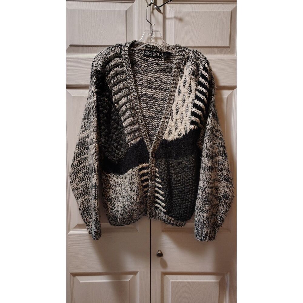 Street Scenes Vtg Patchwork Cable Knit Cardigan Sweater Gray Black Grunge Large